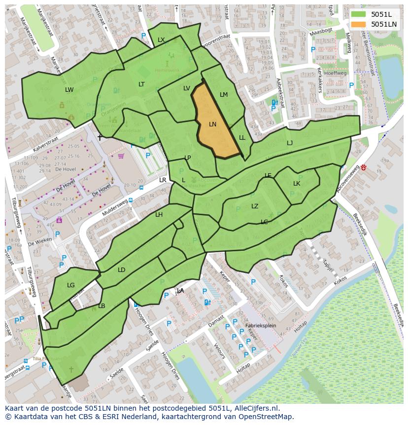 Afbeelding van het postcodegebied 5051 LN op de kaart.