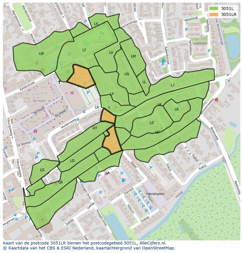Afbeelding van het postcodegebied 5051 LR op de kaart.