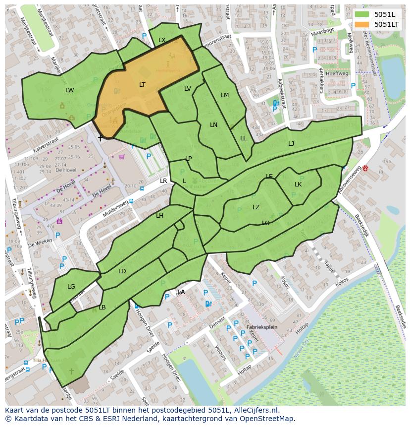 Afbeelding van het postcodegebied 5051 LT op de kaart.