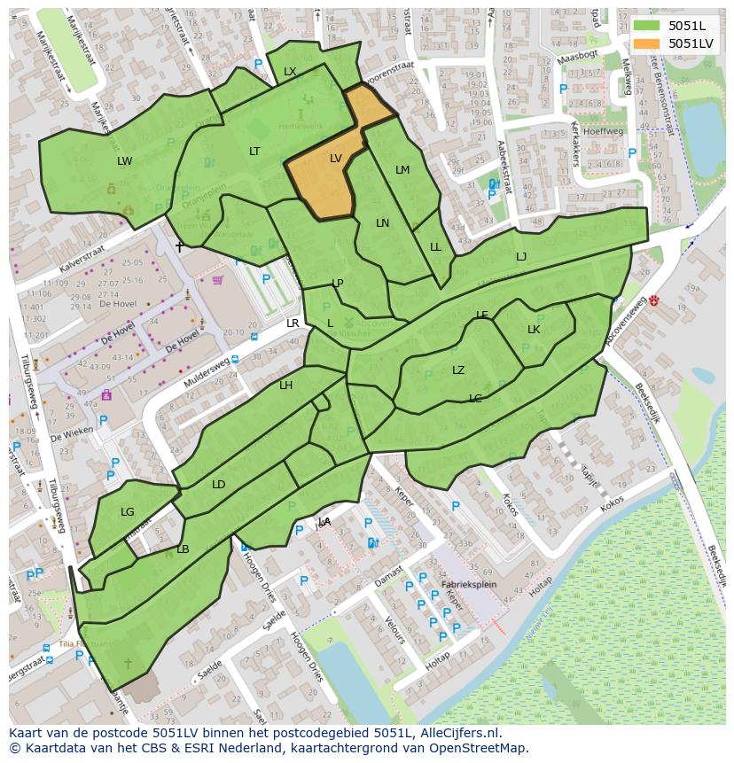 Afbeelding van het postcodegebied 5051 LV op de kaart.
