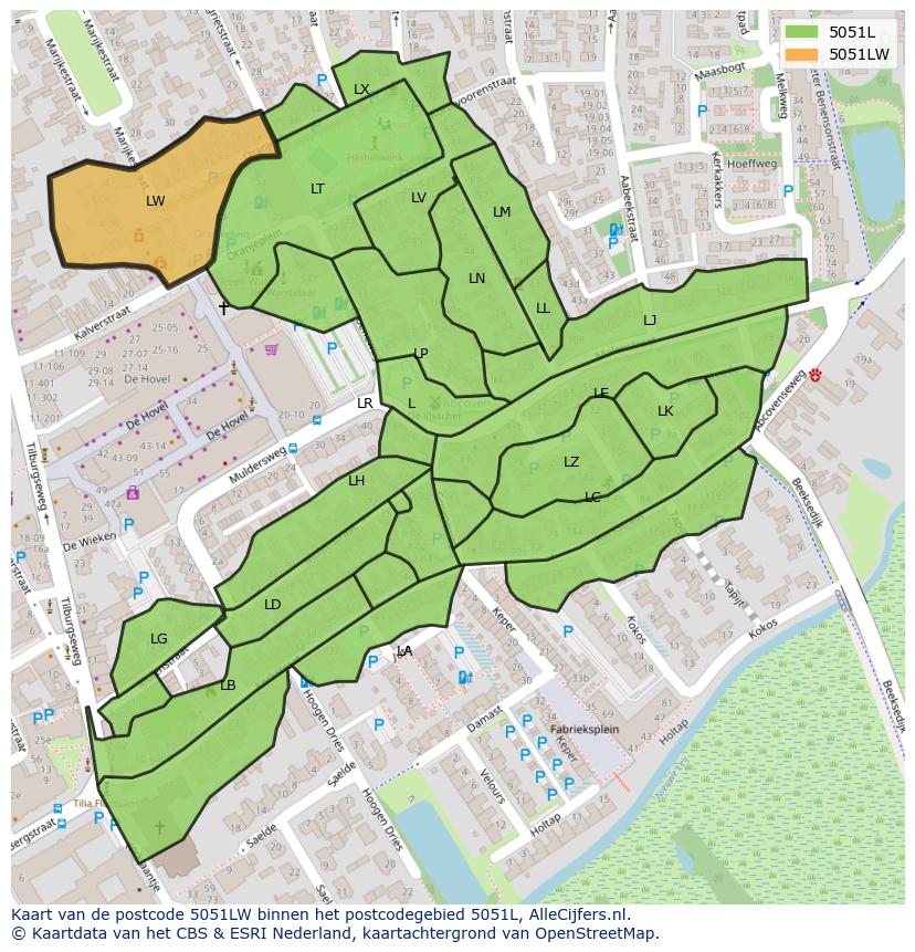 Afbeelding van het postcodegebied 5051 LW op de kaart.