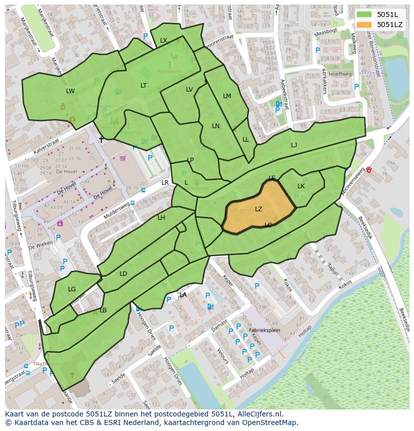 Afbeelding van het postcodegebied 5051 LZ op de kaart.