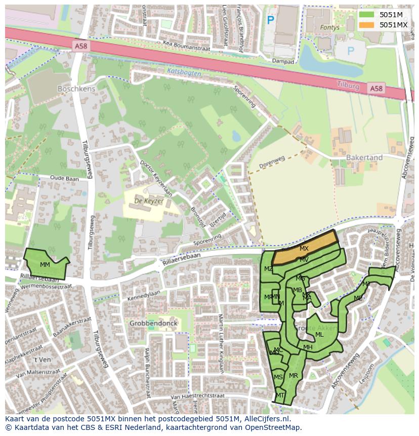 Afbeelding van het postcodegebied 5051 MX op de kaart.