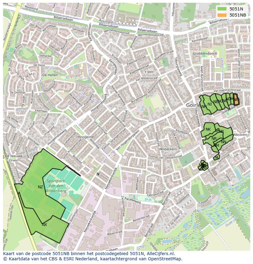 Afbeelding van het postcodegebied 5051 NB op de kaart.