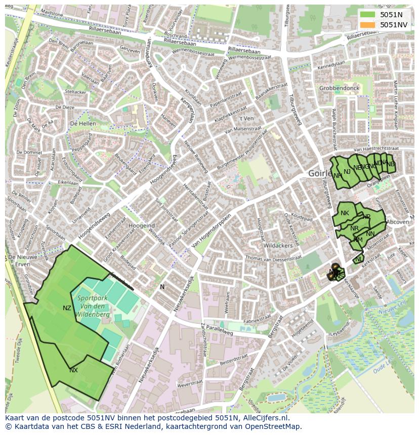 Afbeelding van het postcodegebied 5051 NV op de kaart.