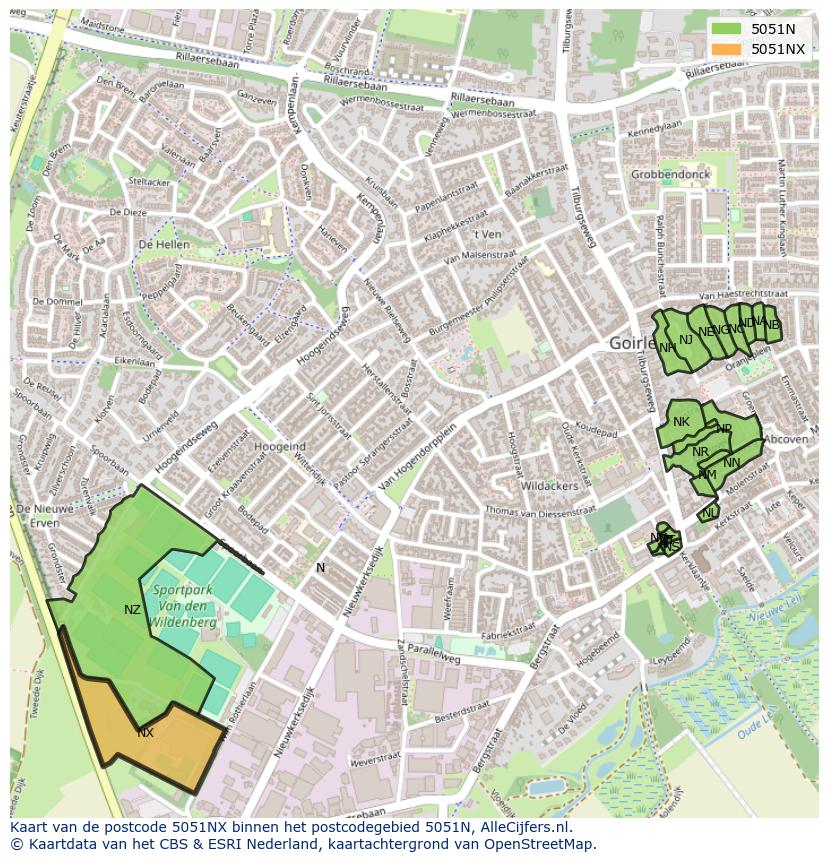 Afbeelding van het postcodegebied 5051 NX op de kaart.