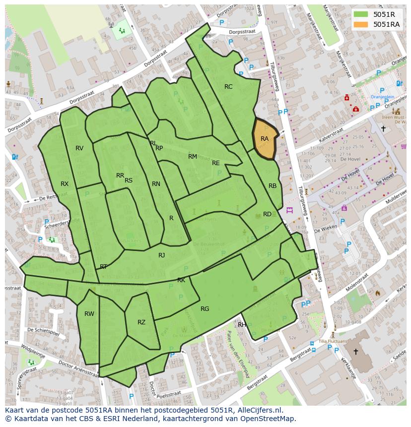 Afbeelding van het postcodegebied 5051 RA op de kaart.