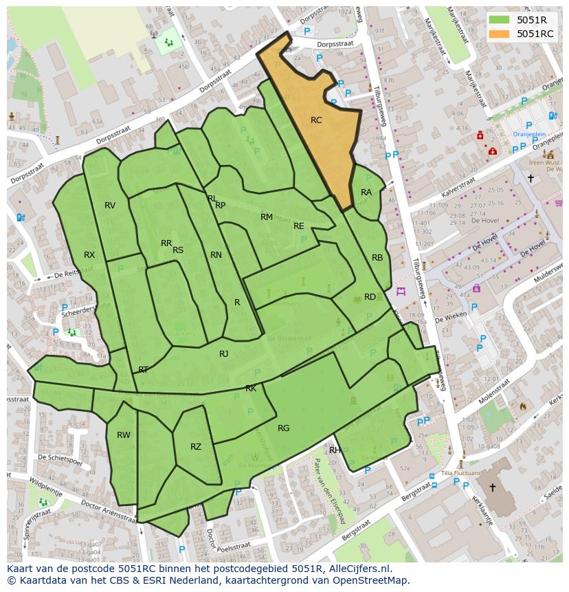 Afbeelding van het postcodegebied 5051 RC op de kaart.
