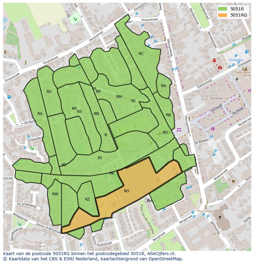 Afbeelding van het postcodegebied 5051 RG op de kaart.