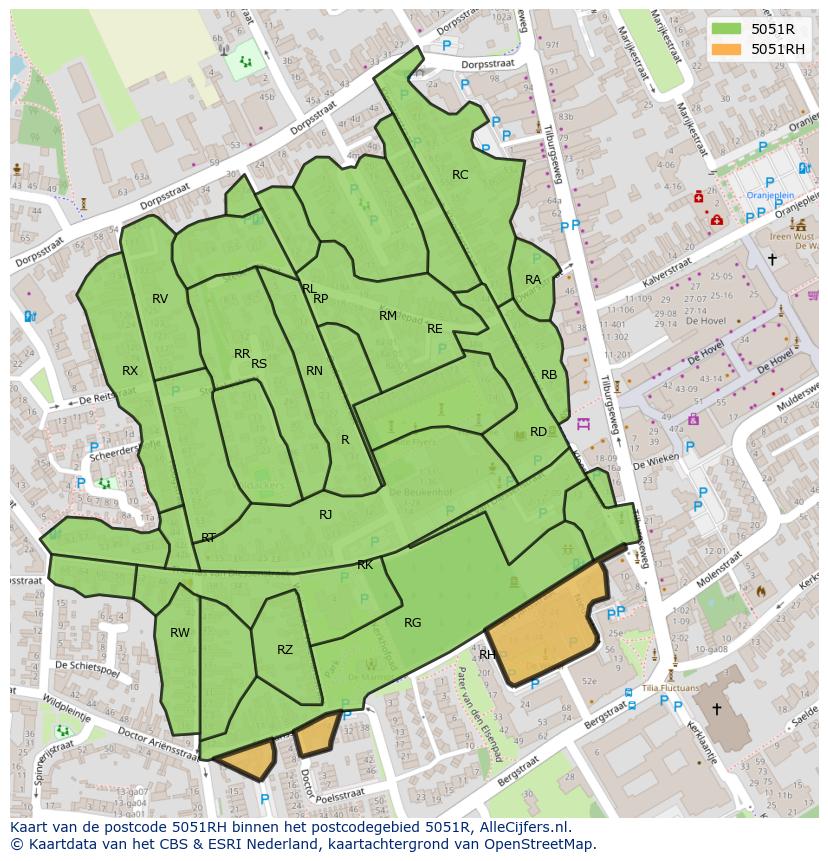 Afbeelding van het postcodegebied 5051 RH op de kaart.
