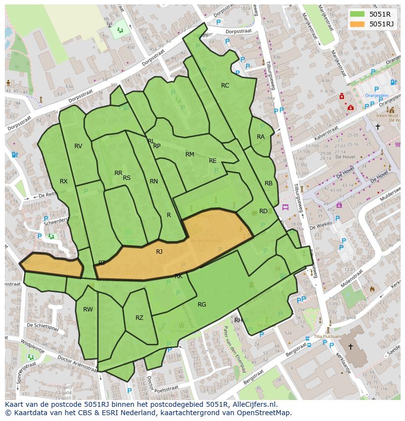 Afbeelding van het postcodegebied 5051 RJ op de kaart.