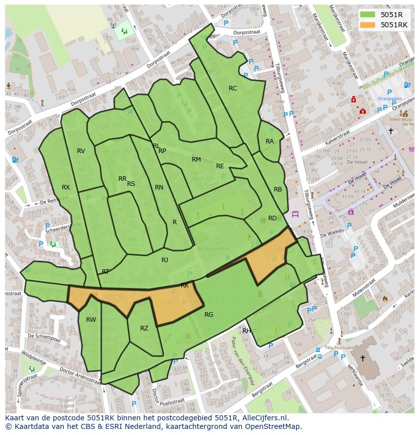 Afbeelding van het postcodegebied 5051 RK op de kaart.