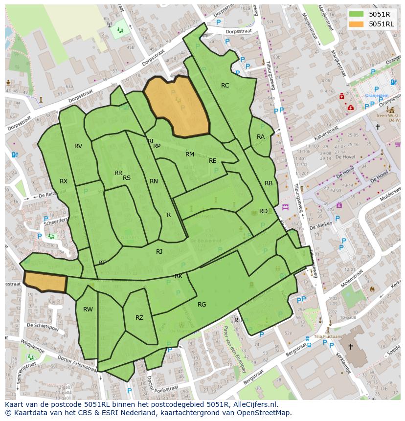 Afbeelding van het postcodegebied 5051 RL op de kaart.