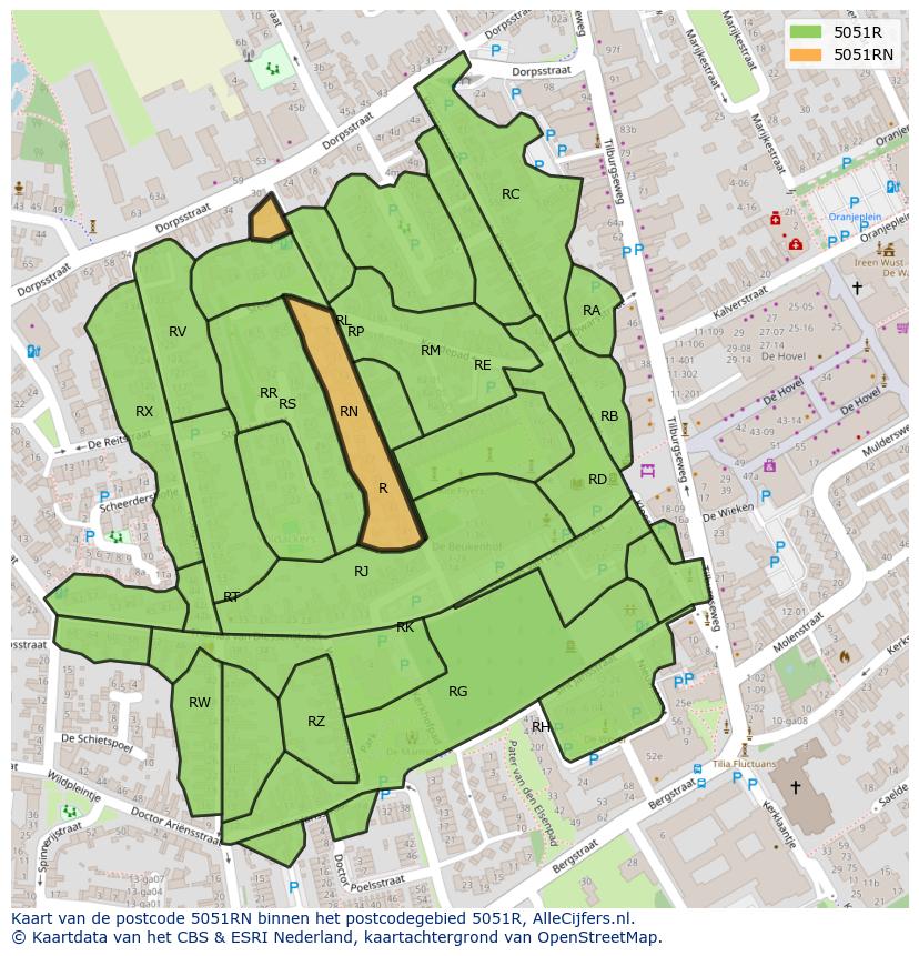 Afbeelding van het postcodegebied 5051 RN op de kaart.