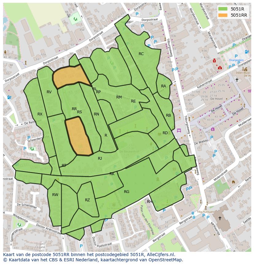Afbeelding van het postcodegebied 5051 RR op de kaart.