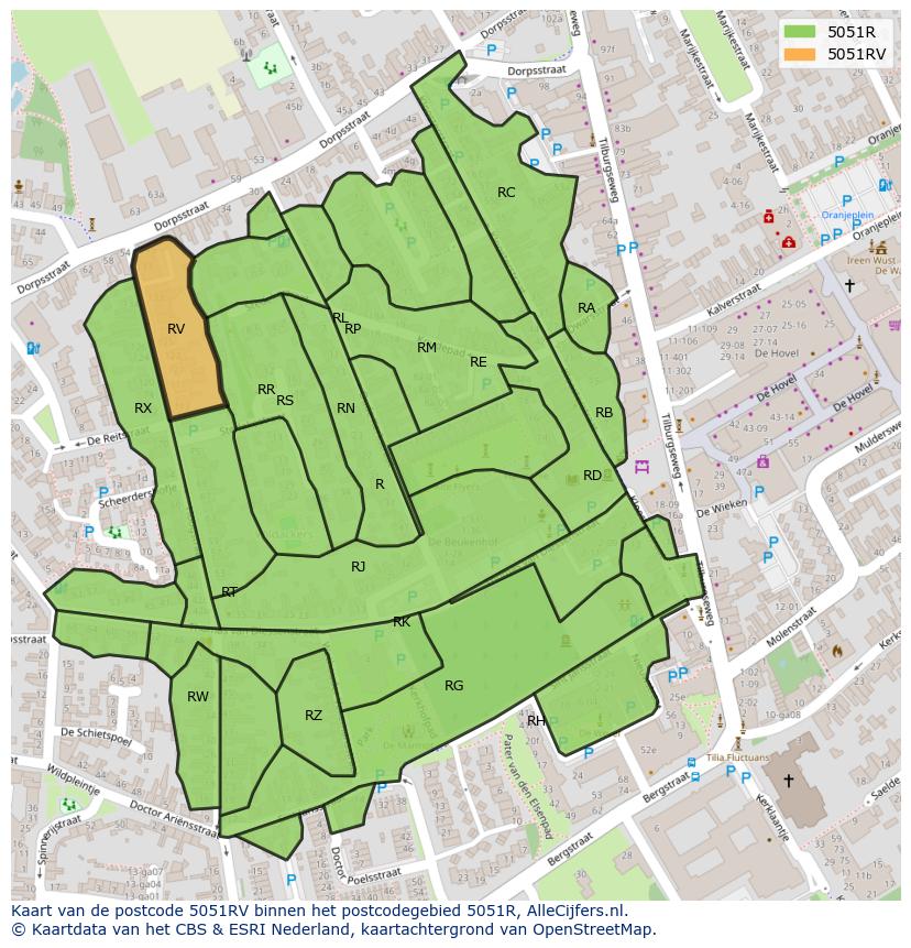 Afbeelding van het postcodegebied 5051 RV op de kaart.