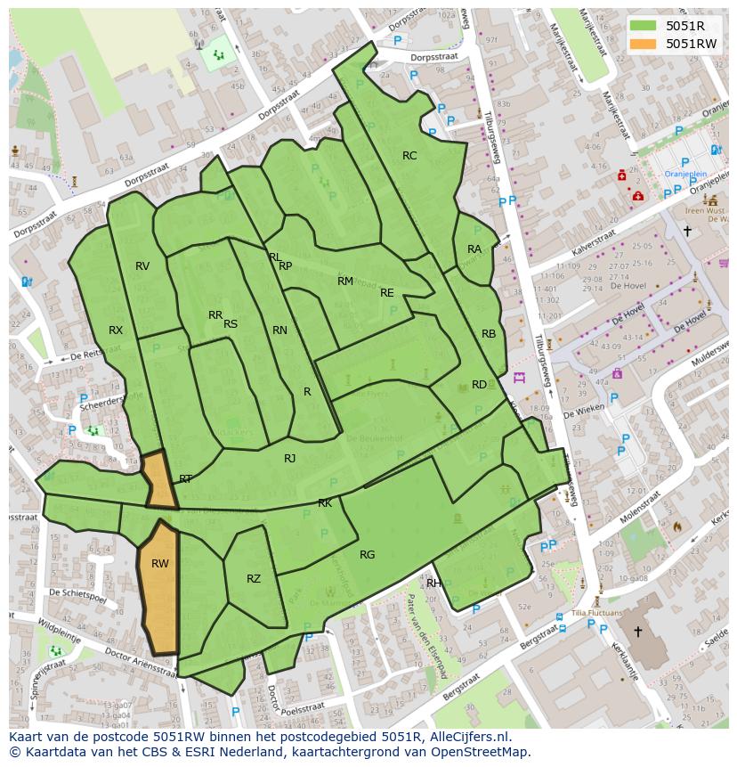 Afbeelding van het postcodegebied 5051 RW op de kaart.
