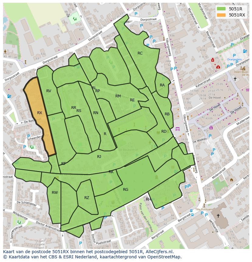 Afbeelding van het postcodegebied 5051 RX op de kaart.