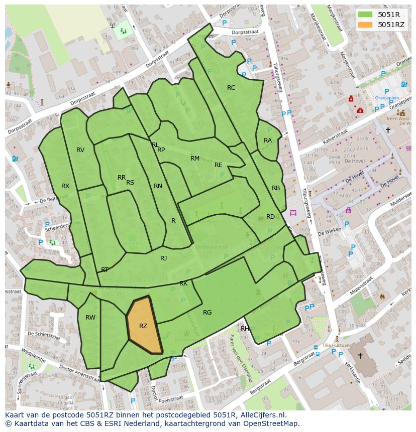 Afbeelding van het postcodegebied 5051 RZ op de kaart.