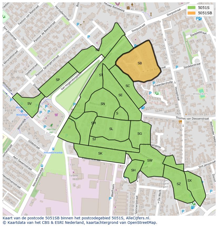 Afbeelding van het postcodegebied 5051 SB op de kaart.