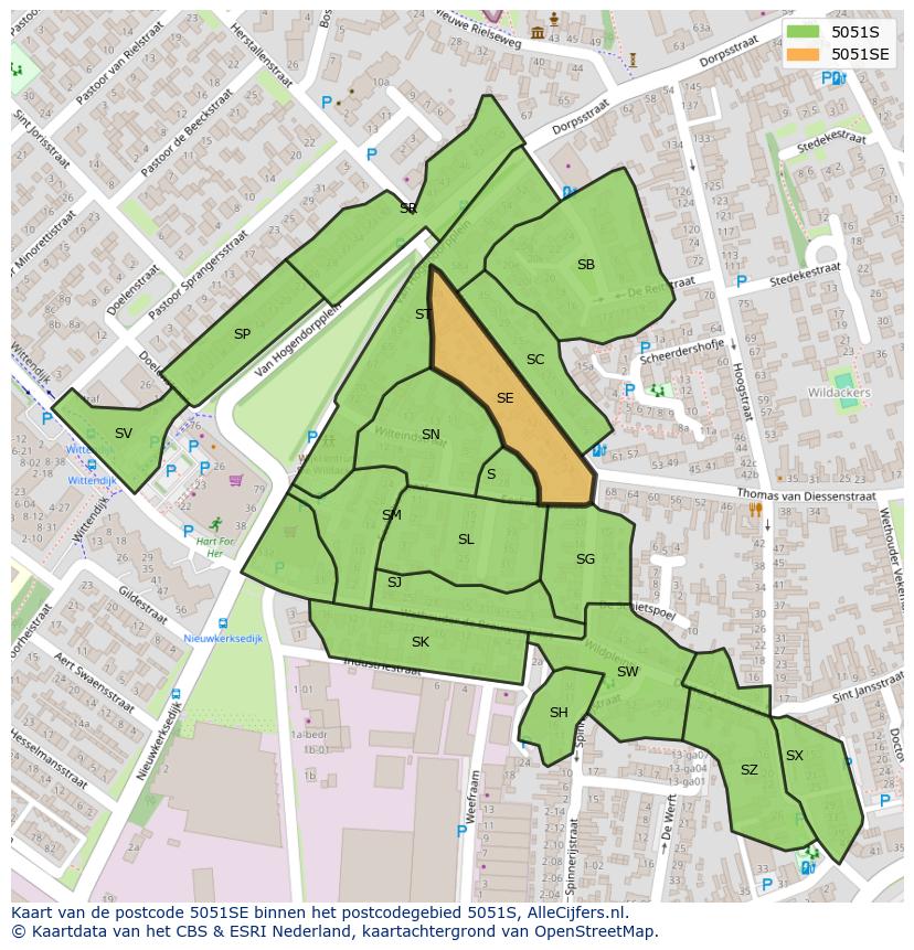 Afbeelding van het postcodegebied 5051 SE op de kaart.