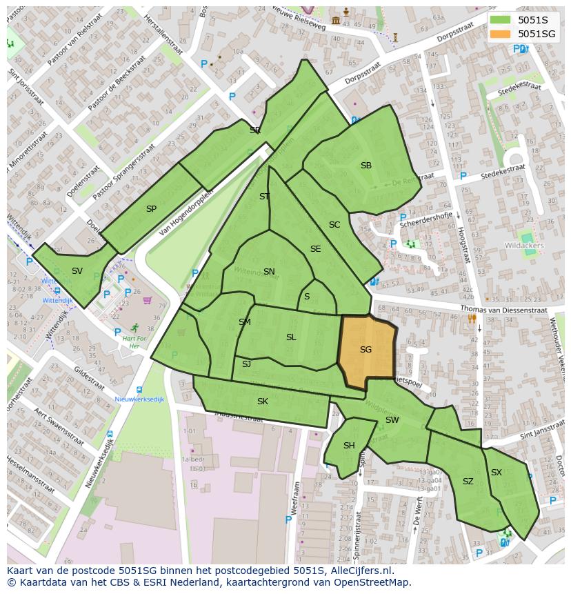 Afbeelding van het postcodegebied 5051 SG op de kaart.