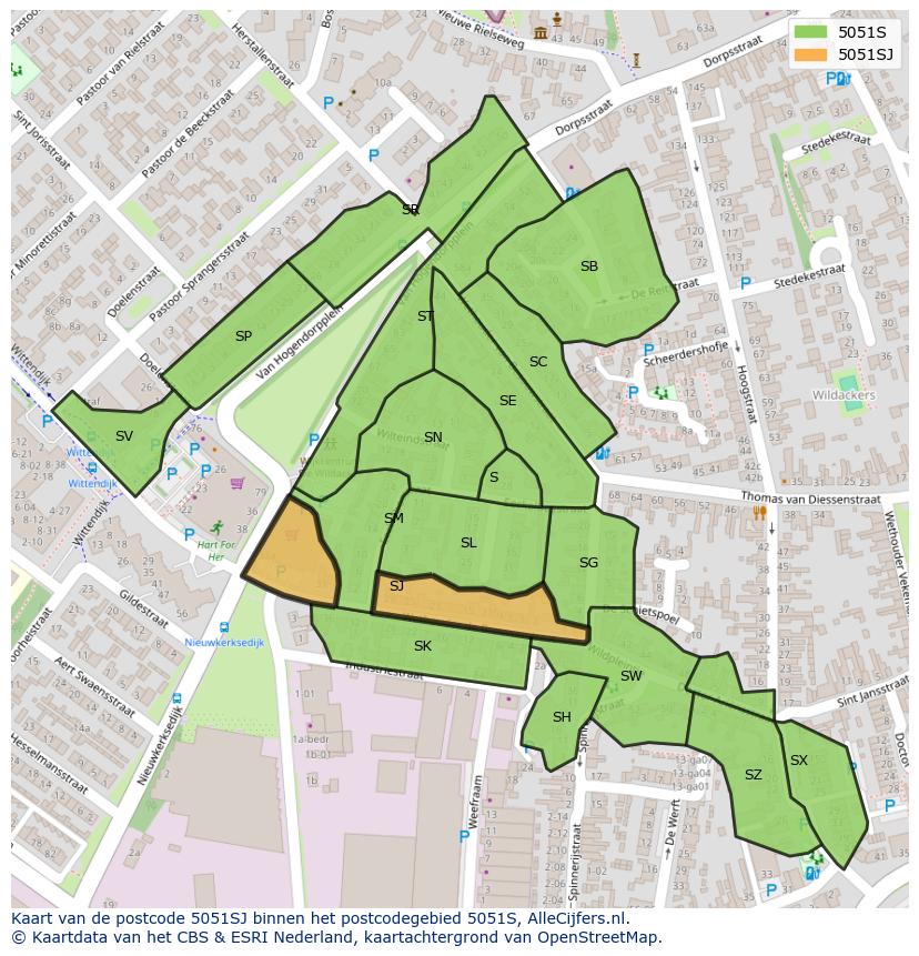 Afbeelding van het postcodegebied 5051 SJ op de kaart.