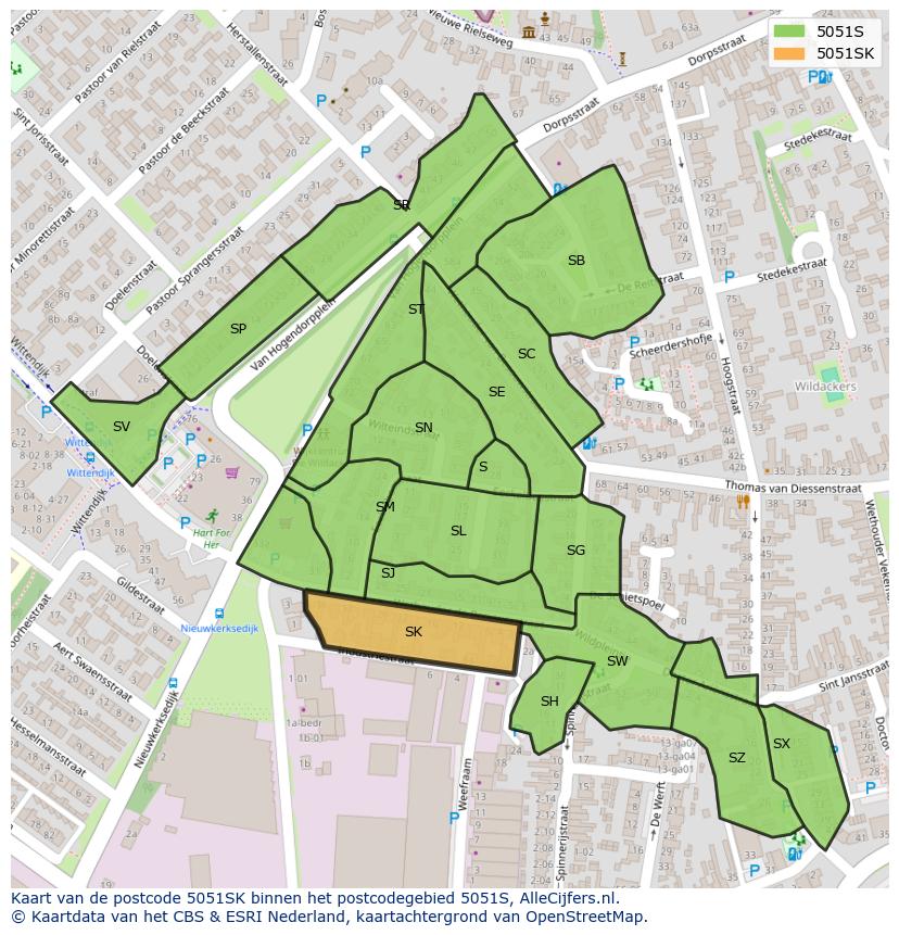 Afbeelding van het postcodegebied 5051 SK op de kaart.