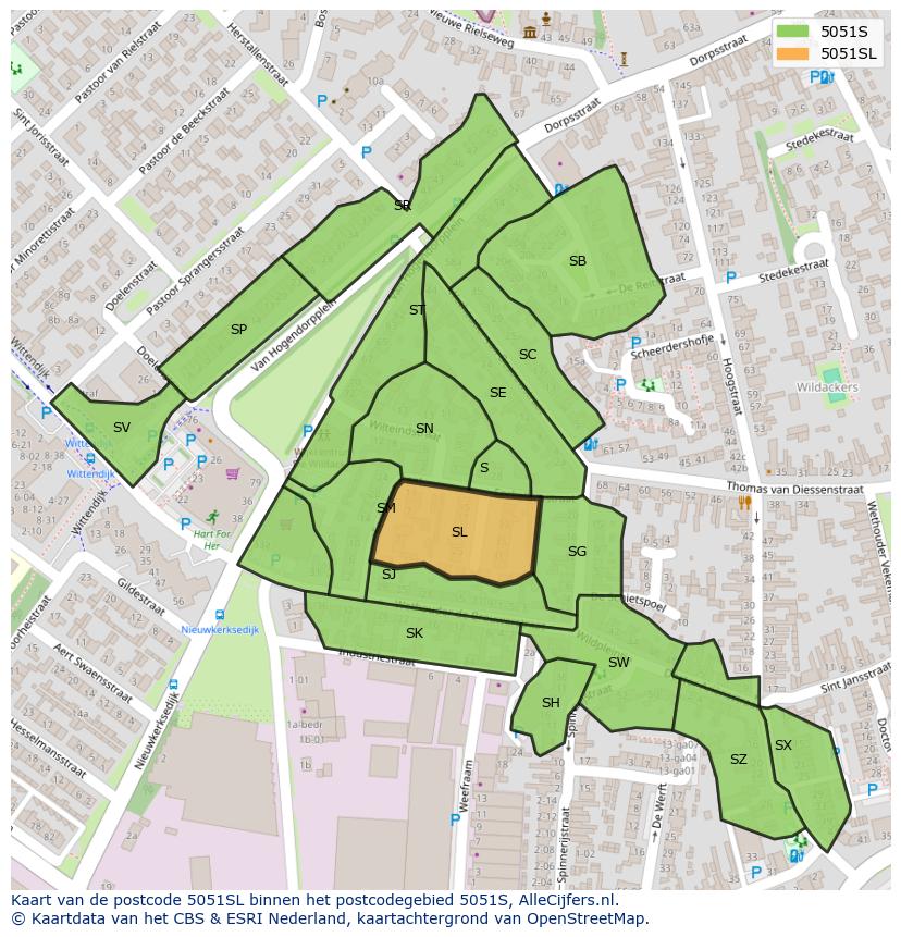 Afbeelding van het postcodegebied 5051 SL op de kaart.