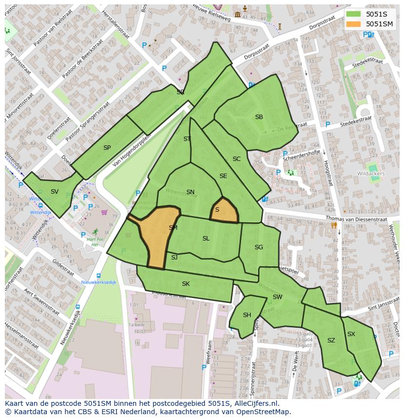 Afbeelding van het postcodegebied 5051 SM op de kaart.