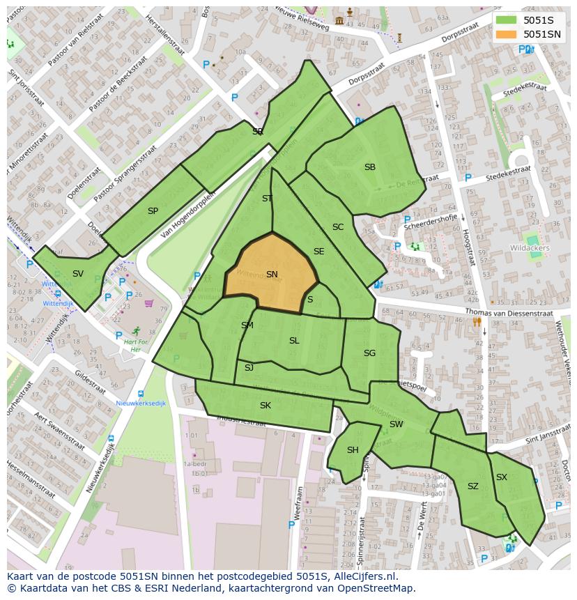 Afbeelding van het postcodegebied 5051 SN op de kaart.