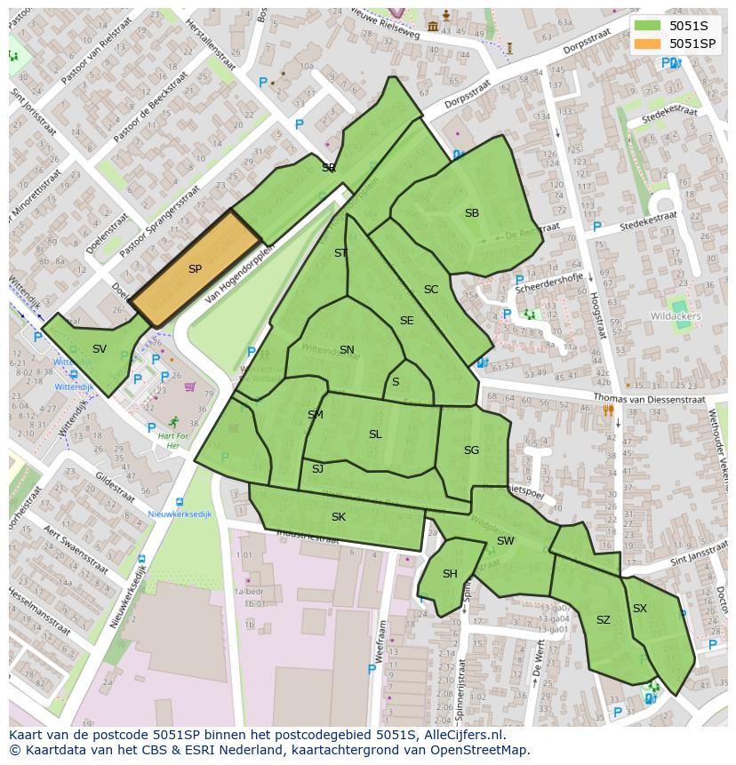 Afbeelding van het postcodegebied 5051 SP op de kaart.