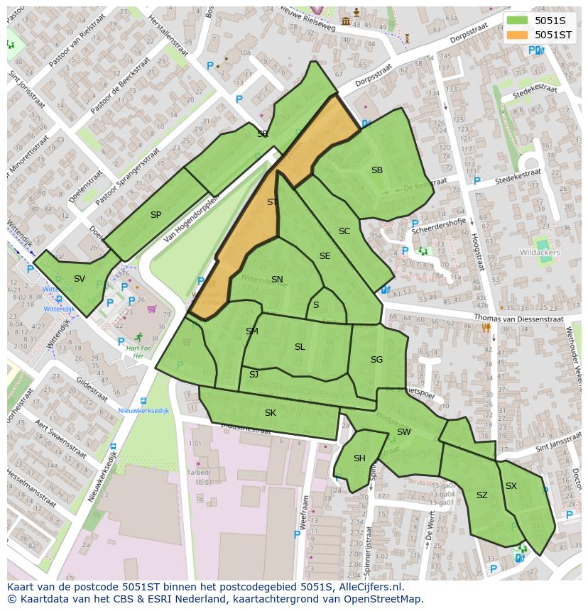Afbeelding van het postcodegebied 5051 ST op de kaart.