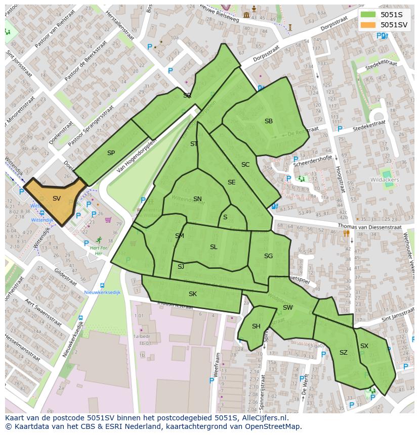 Afbeelding van het postcodegebied 5051 SV op de kaart.