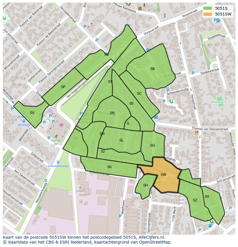 Afbeelding van het postcodegebied 5051 SW op de kaart.