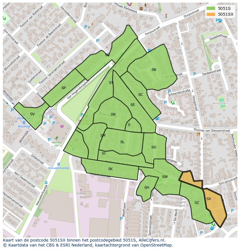 Afbeelding van het postcodegebied 5051 SX op de kaart.