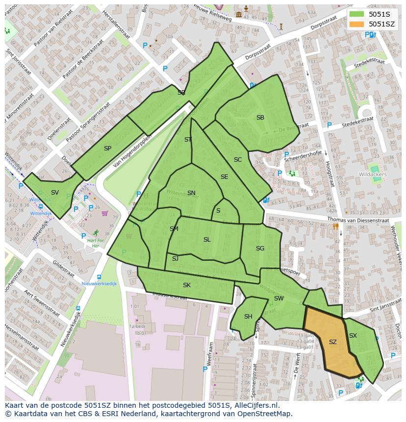 Afbeelding van het postcodegebied 5051 SZ op de kaart.