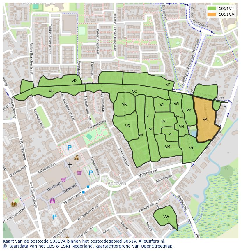 Afbeelding van het postcodegebied 5051 VA op de kaart.