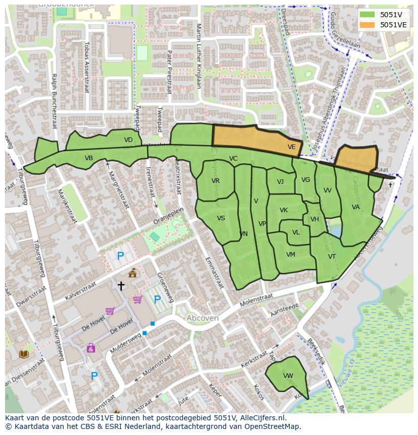 Afbeelding van het postcodegebied 5051 VE op de kaart.