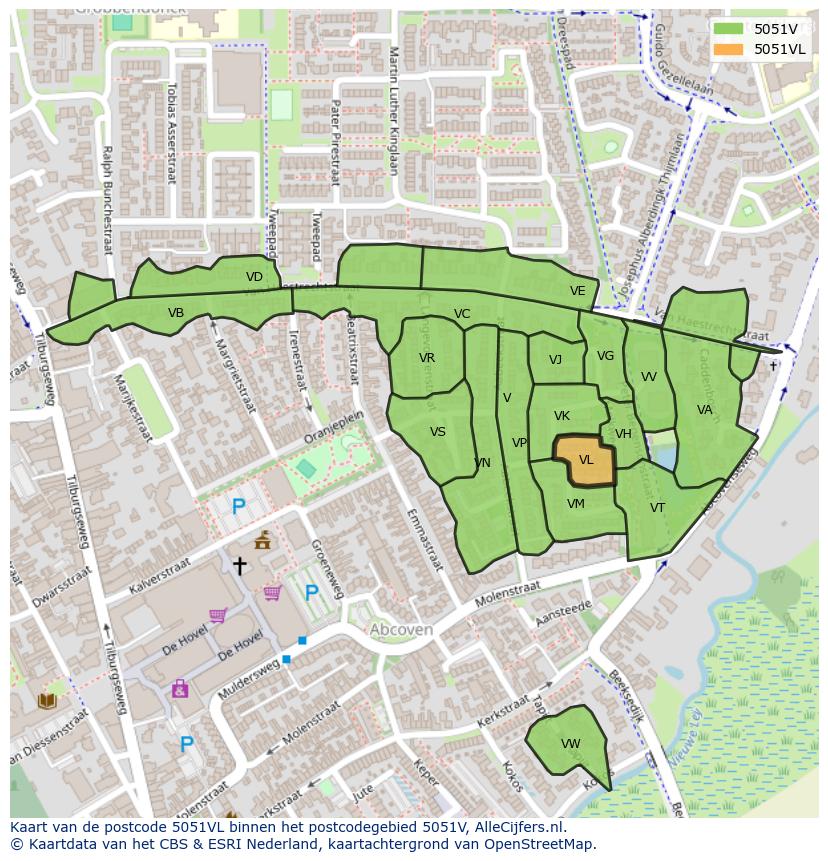 Afbeelding van het postcodegebied 5051 VL op de kaart.