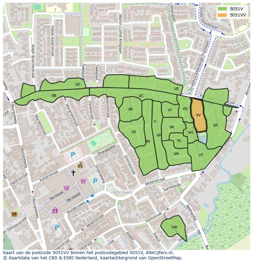 Afbeelding van het postcodegebied 5051 VV op de kaart.