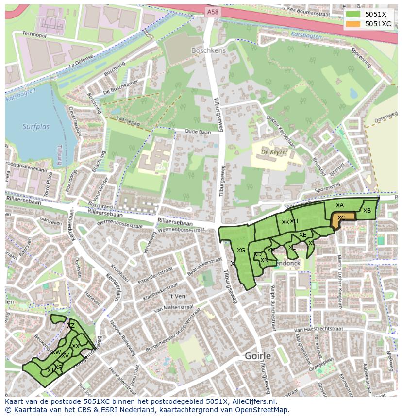 Afbeelding van het postcodegebied 5051 XC op de kaart.