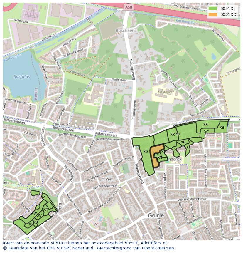 Afbeelding van het postcodegebied 5051 XD op de kaart.