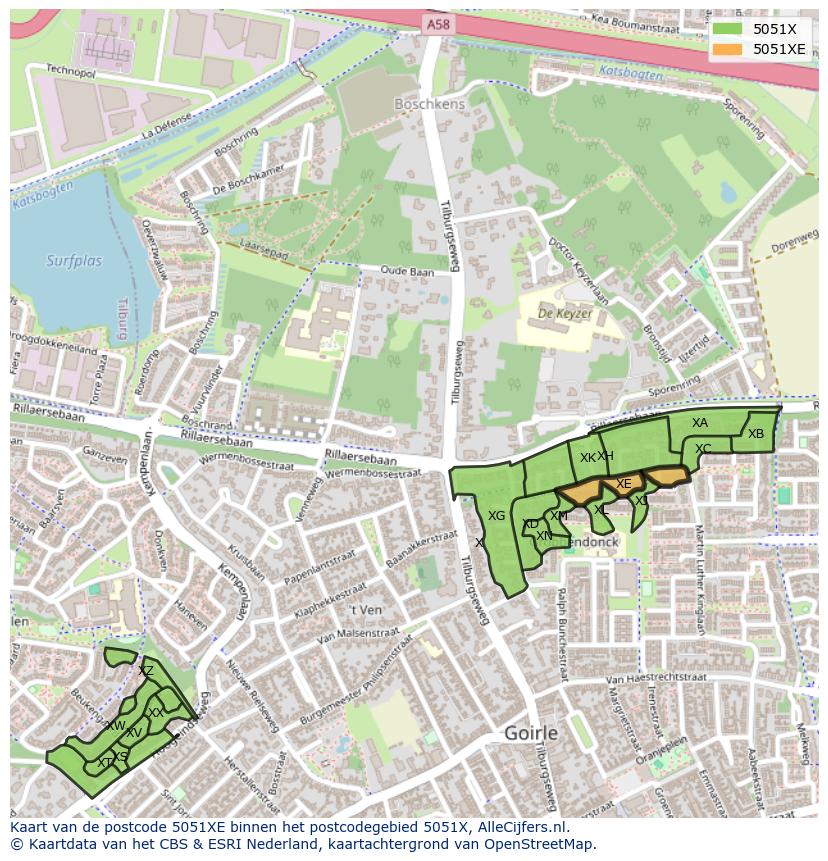 Afbeelding van het postcodegebied 5051 XE op de kaart.