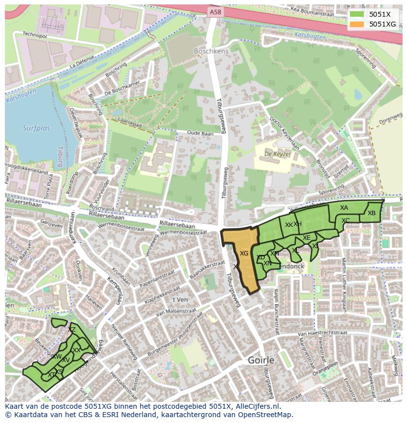 Afbeelding van het postcodegebied 5051 XG op de kaart.