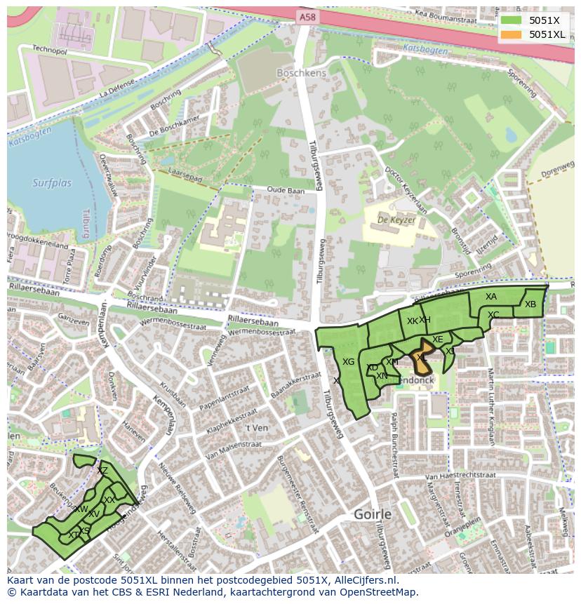 Afbeelding van het postcodegebied 5051 XL op de kaart.