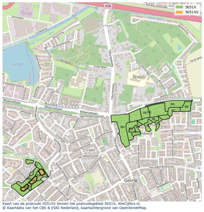 Afbeelding van het postcodegebied 5051 XV op de kaart.