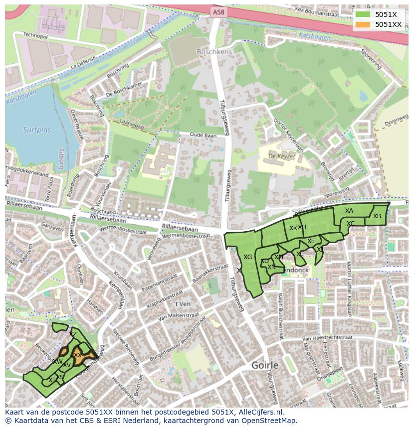 Afbeelding van het postcodegebied 5051 XX op de kaart.