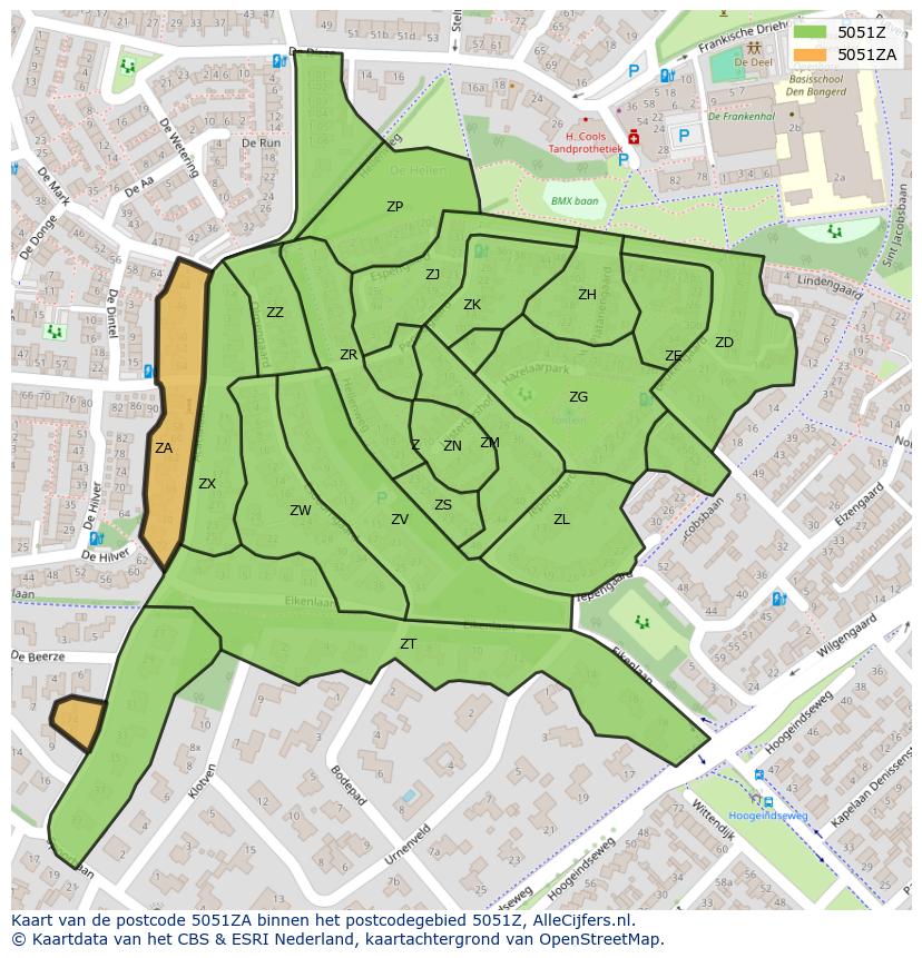 Afbeelding van het postcodegebied 5051 ZA op de kaart.