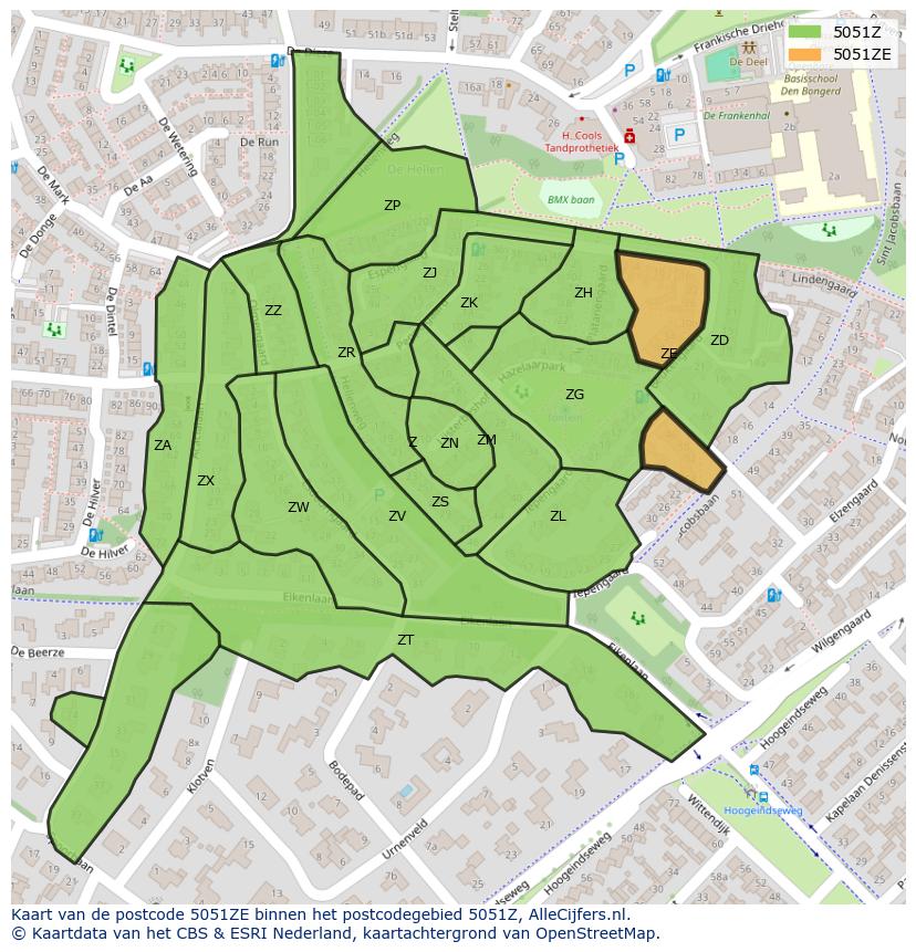 Afbeelding van het postcodegebied 5051 ZE op de kaart.